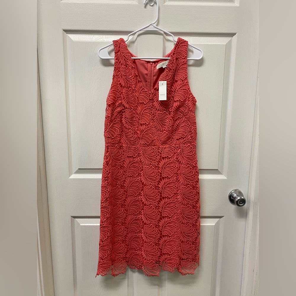LOFT Orange Pink Sheath Midi Dress V-neck Sleeveless